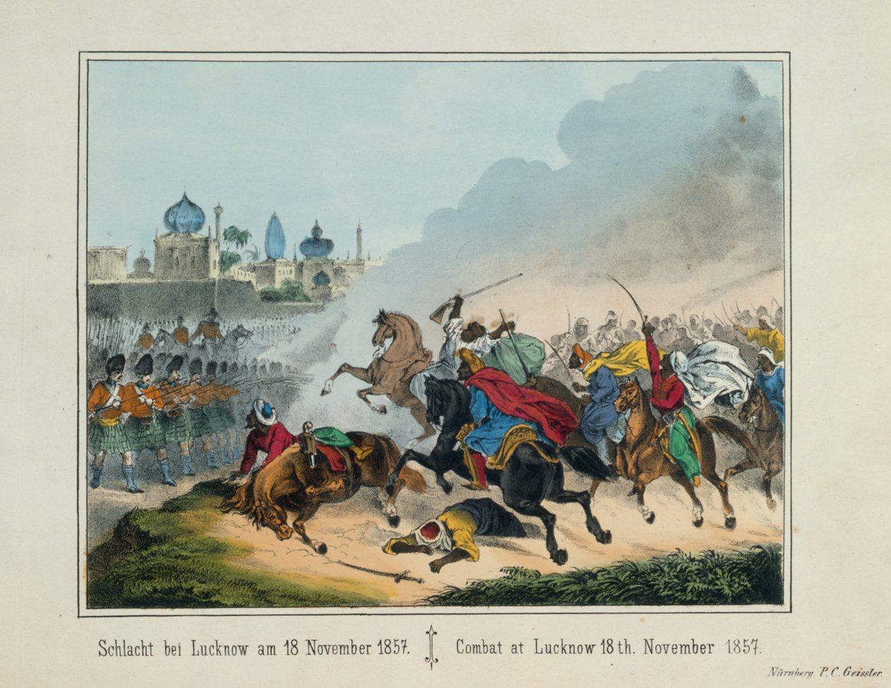Die Belagerung von Lucknow in Uttar Pradesh während des Indischen Aufstands von 1857, illustriertes Flugblatt, veröffentlicht von P.C. Geissler, Nürnberg, 1857 von German School