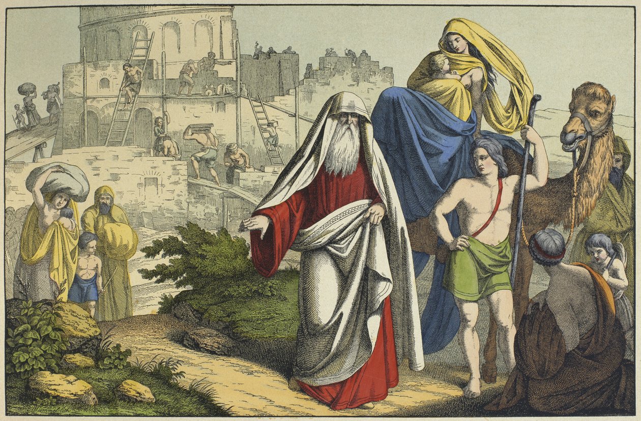Der Bau des Turms von Babel, Illustration aus dem Alten Testament, veröffentlicht von Jakob Ferdinand Schreiber, Esslingen (Farbstich) von German School