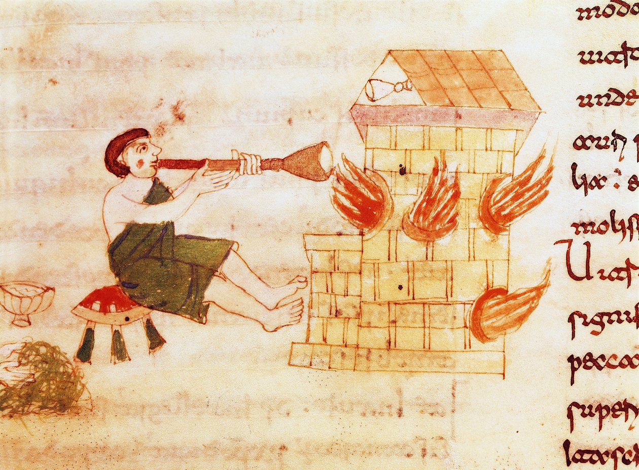 Der Miniatur-Glasbläser aus dem Manuskript De Universo (oder De rerum naturis) von Rabanus Maurus Magnentius. 9. Jahrhundert. Archiv der Abtei Monte Cassino von German School