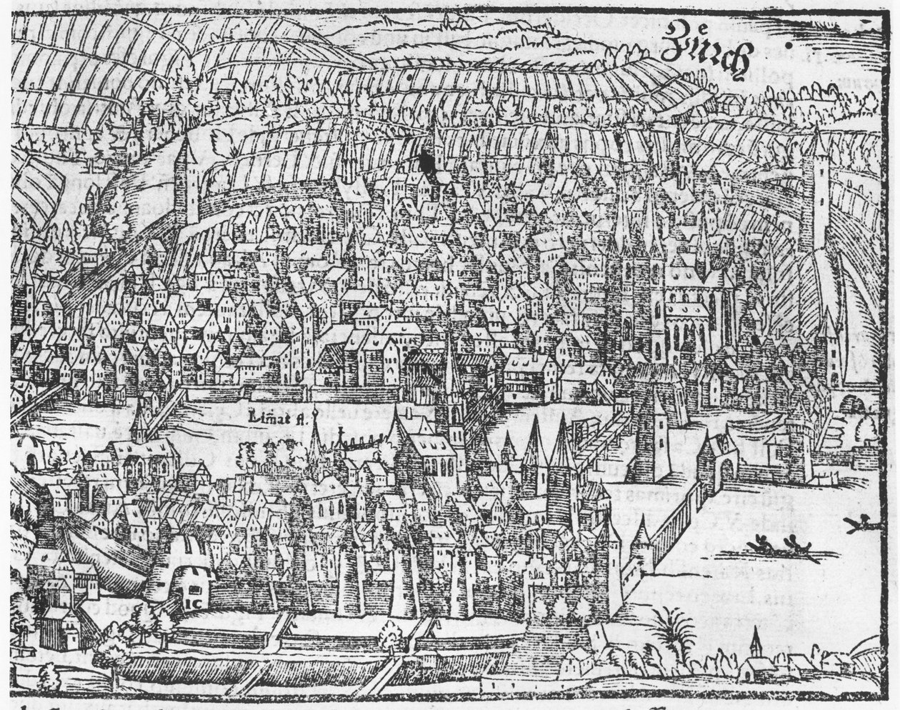 Ansicht von Zürich, aus Cosmographie Universelle von Sebastien Munster (1488-1552) Basel, veröffentlicht 1559 von German School