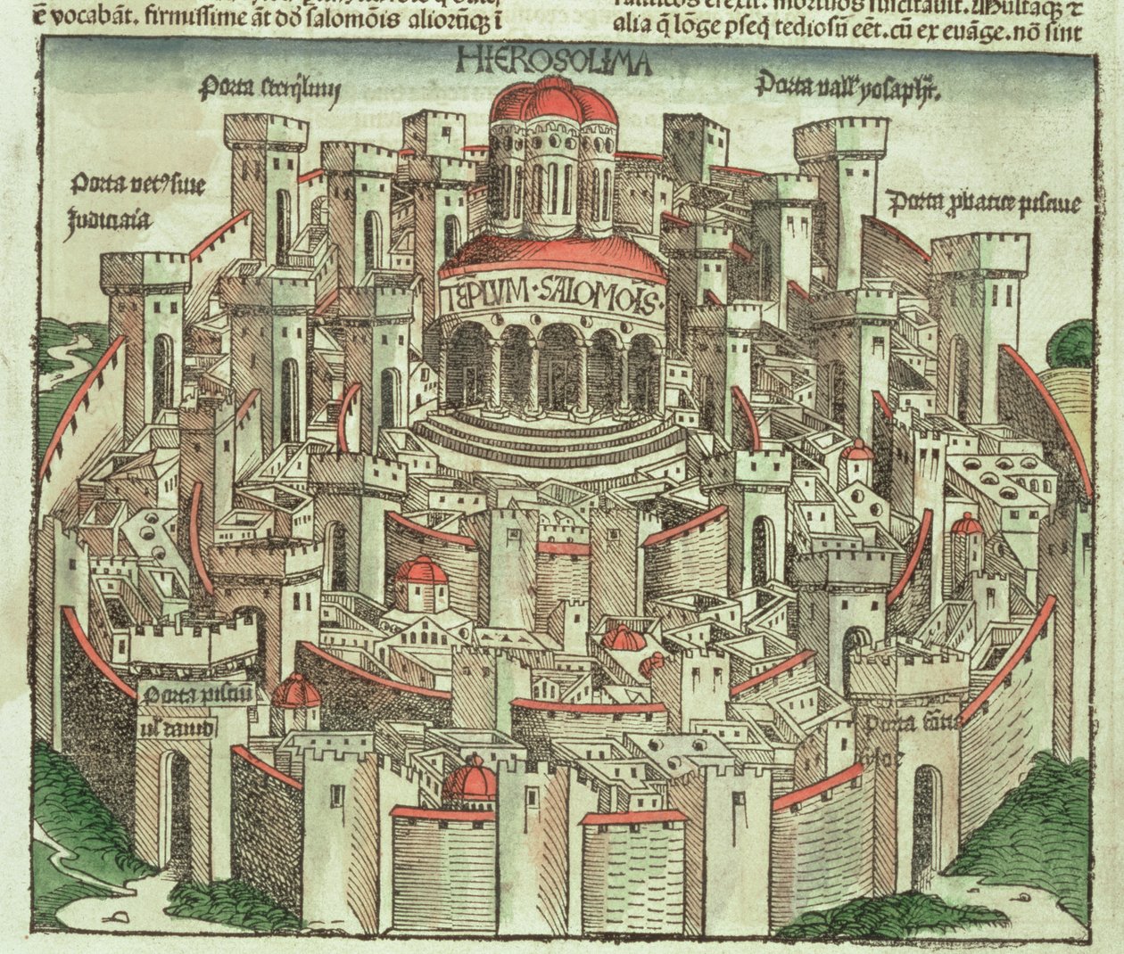 Ansicht der ummauerten Stadt Jerusalem mit dem Tempel Salomos und den Stadttoren, aus der Nürnberger Chronik von Hartmann Schedel, 1493 von German School