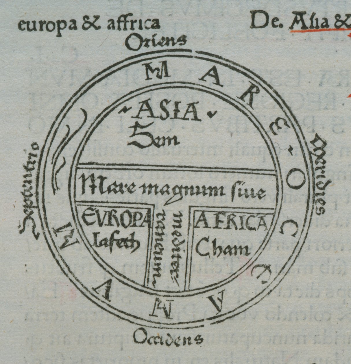 f.177v T-in-O Karte, mit Buchdruck-Ortsnamen, aus Isidor von Sevilla, Liber Etimologiarvm von German School