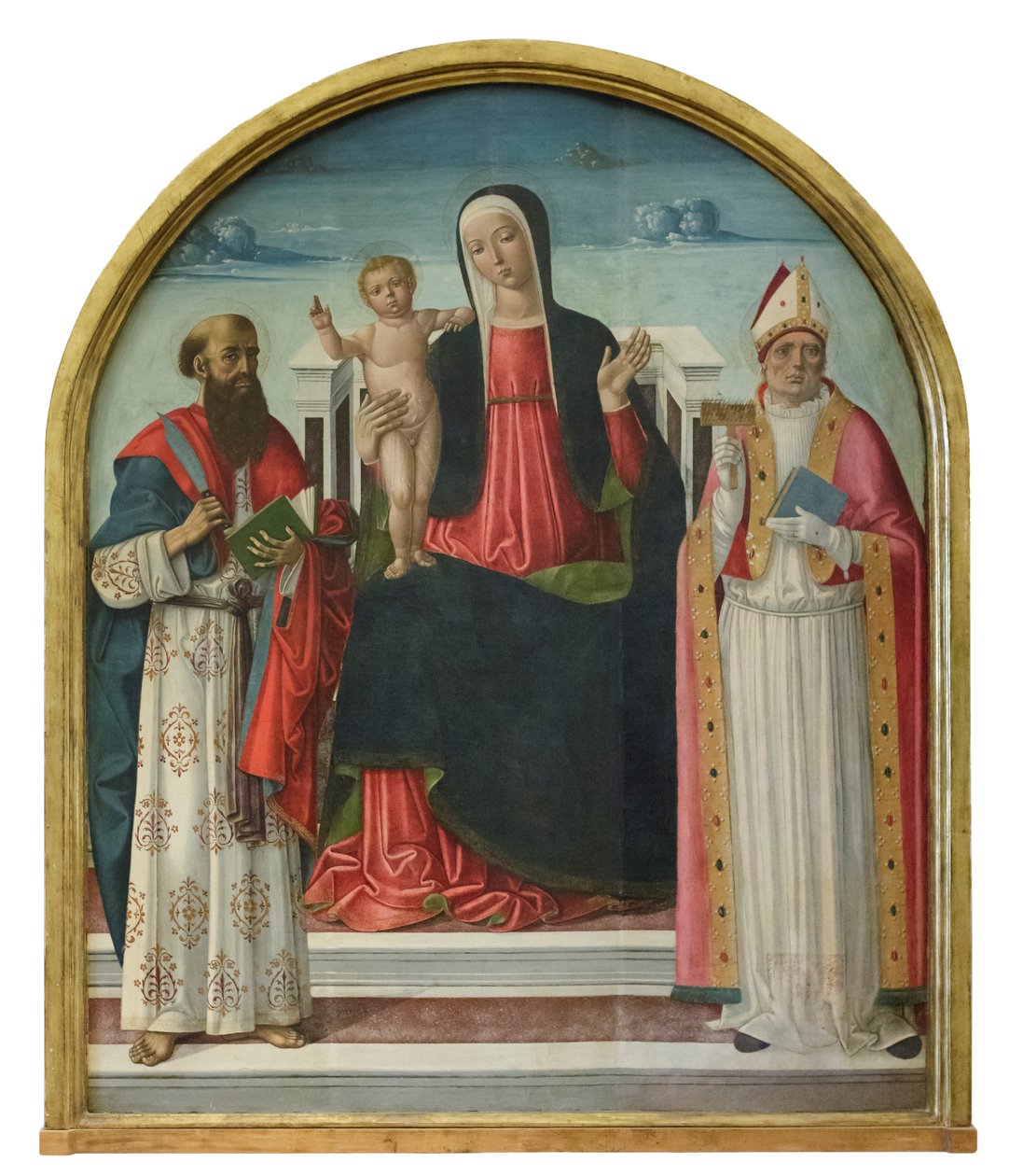Madonna mit Kind auf dem Thron und den Heiligen Bartholomäus und Blasius von Gerolamo di Benvenuto