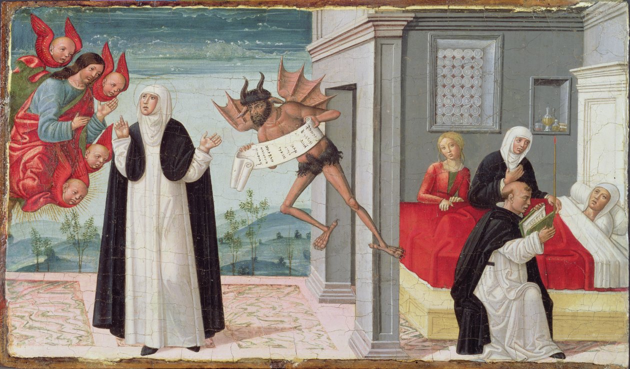 Die Hl. Katharina von Siena bittet Christus, die sterbende Schwester Palmerina von ihrem Pakt mit dem Teufel zu befreien von Gerolamo di Benvenuto