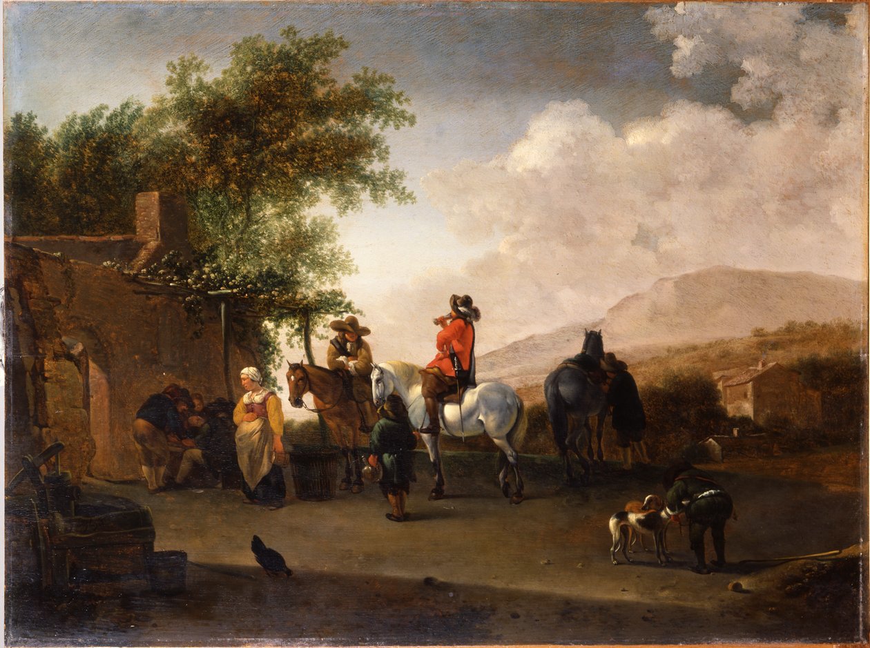 Reisende zu Pferd, die sich auf einem Bergpass in einer italienischen Landschaft erfrischen von Gerrit Adriaensz Berckheyde