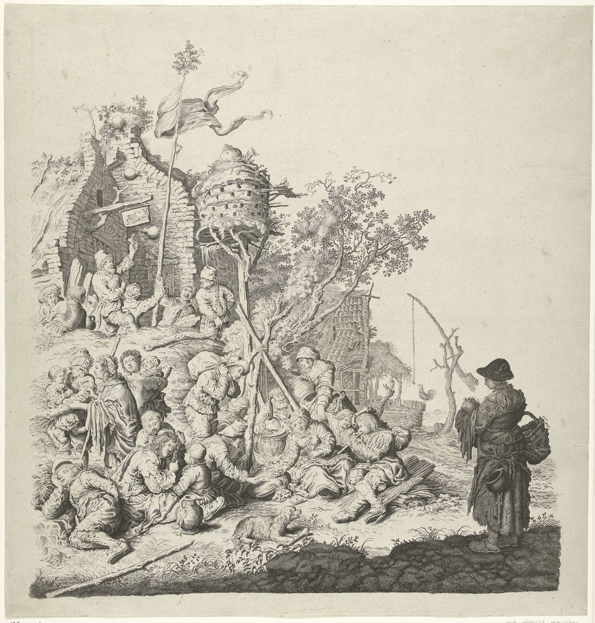 Gruppe Roma bei einem Gasthaus mit Taubenschlag von Gerrit Adriaensz. de Heer