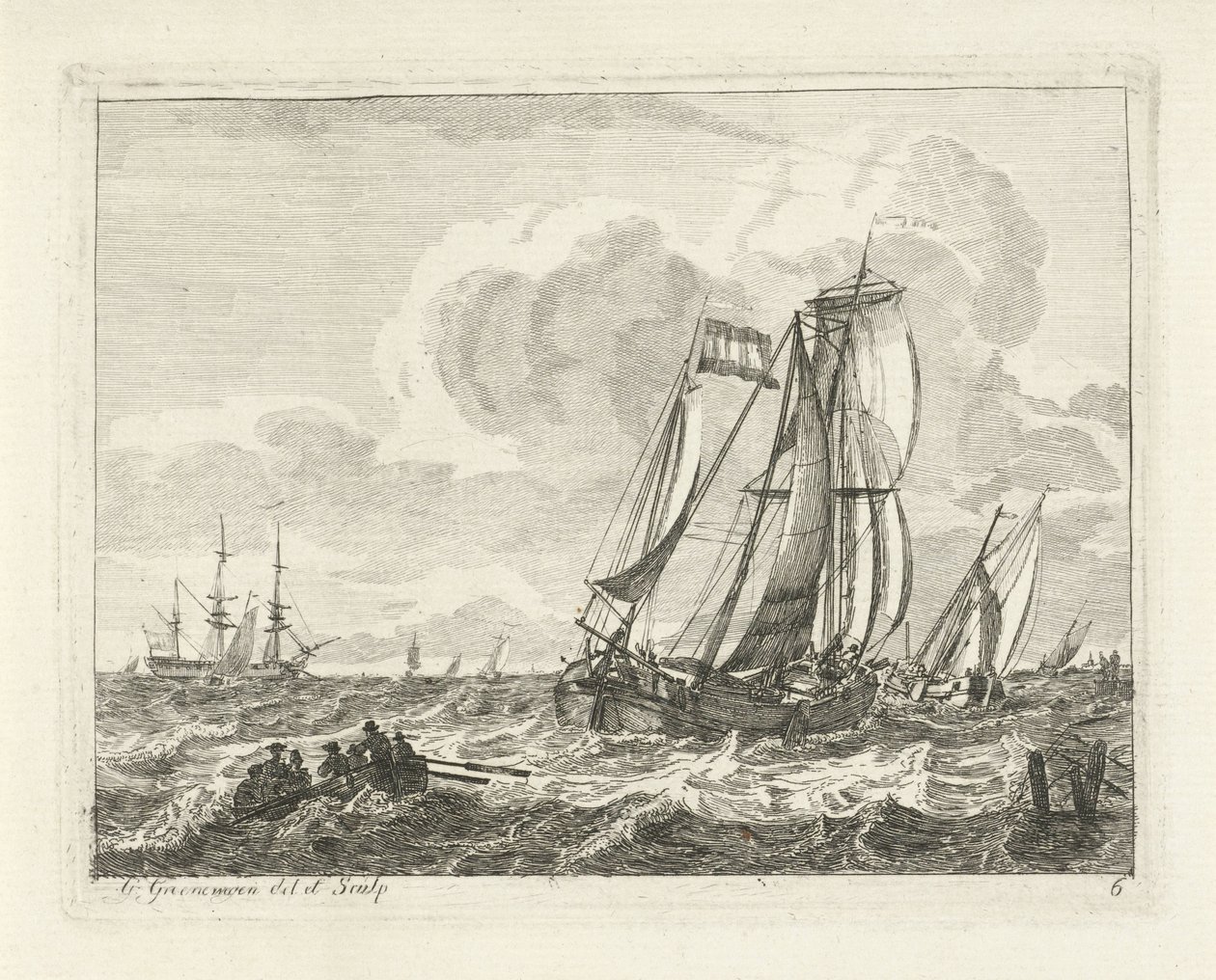 Segelschiffe und ein Ruderboot auf offenem Wasser von Gerrit Groenewegen