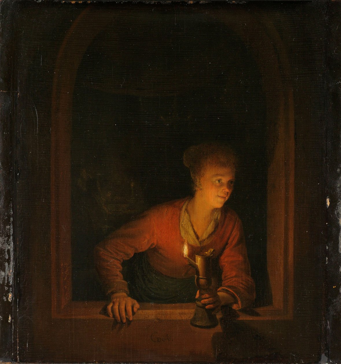 Mädchen mit einer Öllampe am Fenster von Gerrit or Gerard Dou