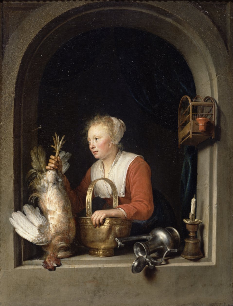 Die niederländische Hausfrau oder Die Frau, die einen Hahn ins Fenster hängt, 1650 von Gerrit Dou