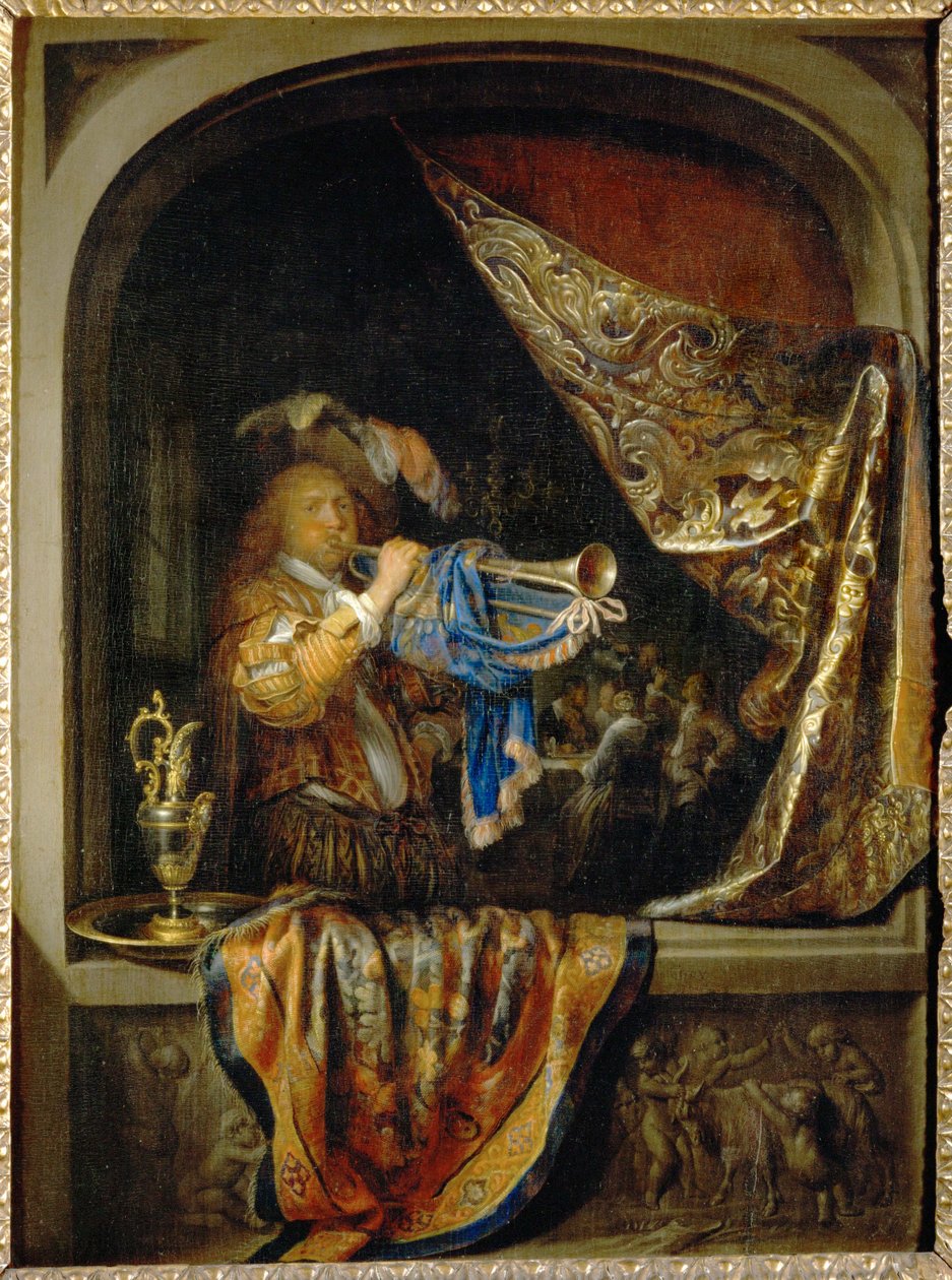 Der Trompeter, im Hintergrund ein Fest von Gerrit or Gerard Dou