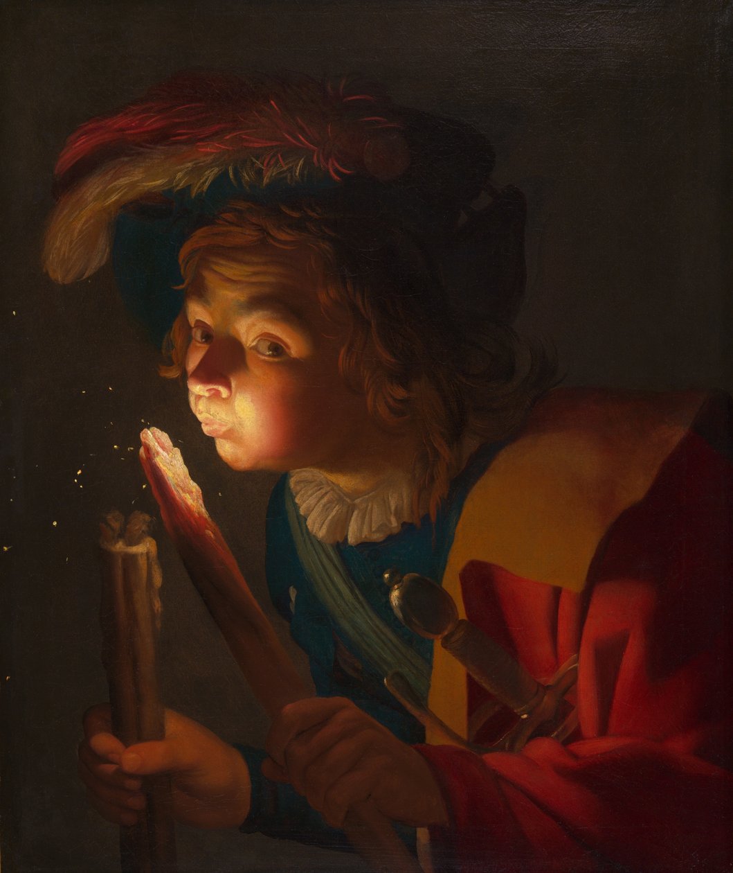 Ein Junge bläst auf einen Feuerbrand von Gerrit van Honthorst