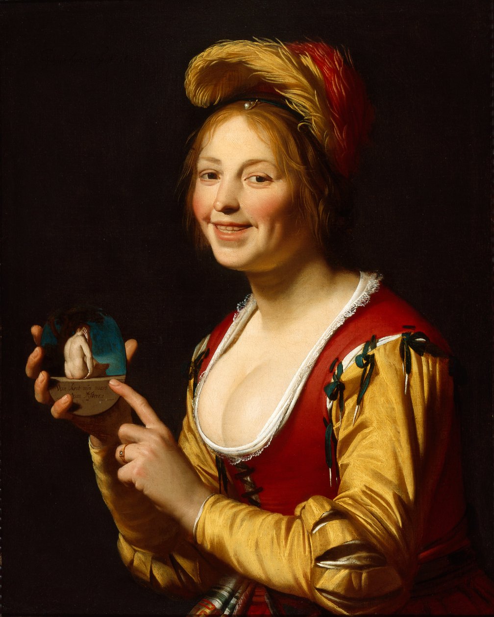 Lächelndes Mädchen, eine Kurtisane, die ein obszönes Bild hält von Gerrit van Honthorst
