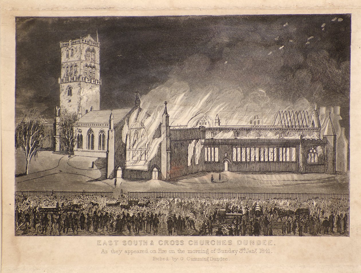 Ost-, Süd- und Kreuzkirchen, Dundee, wie sie am Sonntag, dem 3. Januar 1841, in Flammen standen, ca. 1841 von Gershom Gourlay Cumming