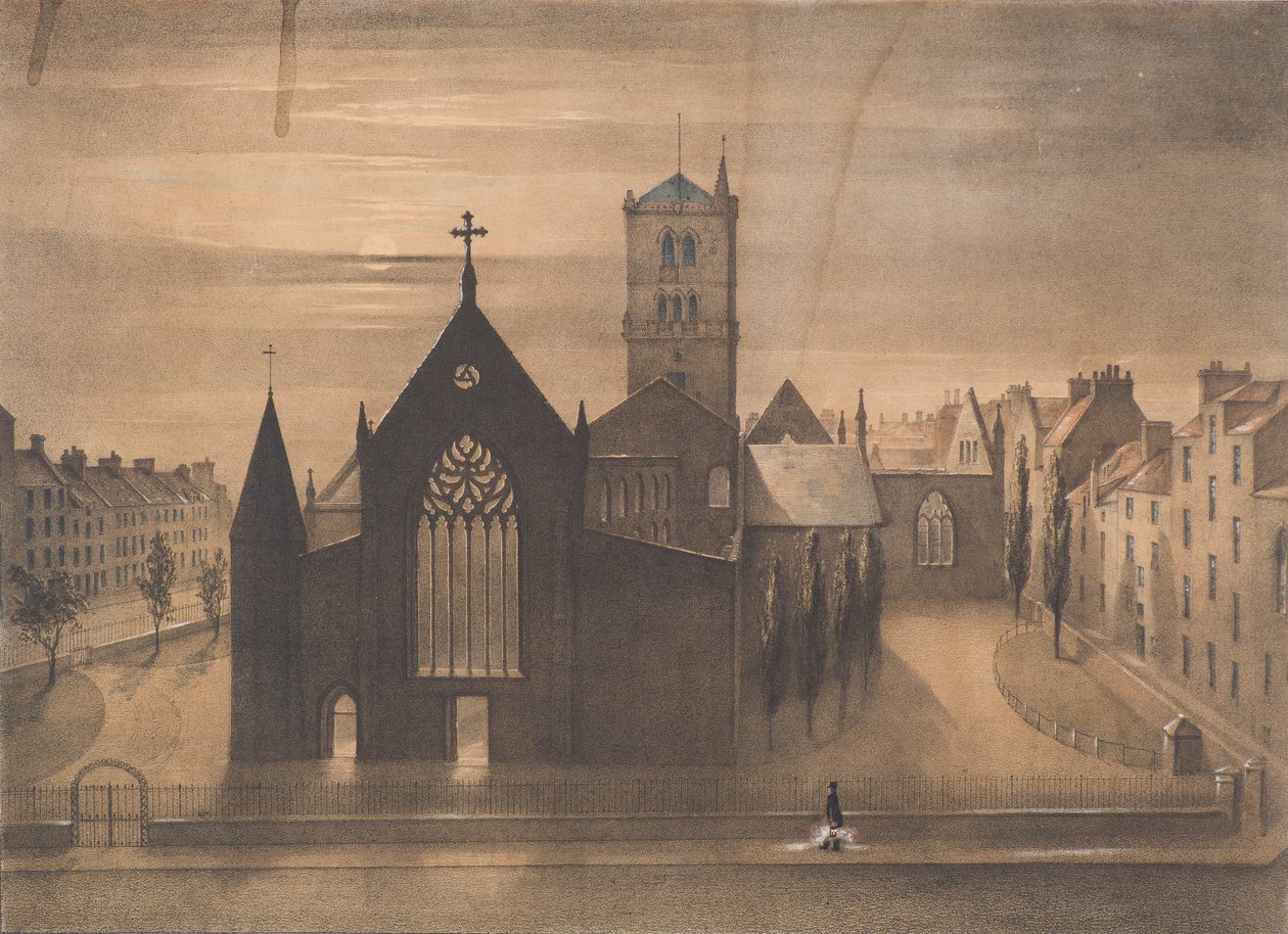 Mondscheinansicht der Ost- und Kreuzkirchen, Dundee, wie sie nach dem Brand vom 3. Januar erschienen, ca. 1841 von Gershom Gourlay Cumming