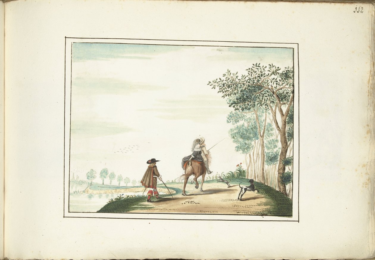 Herr und Dame zu Pferd und ein Fußgänger in einer Landschaft von Gesina ter Borch (signed by artist)