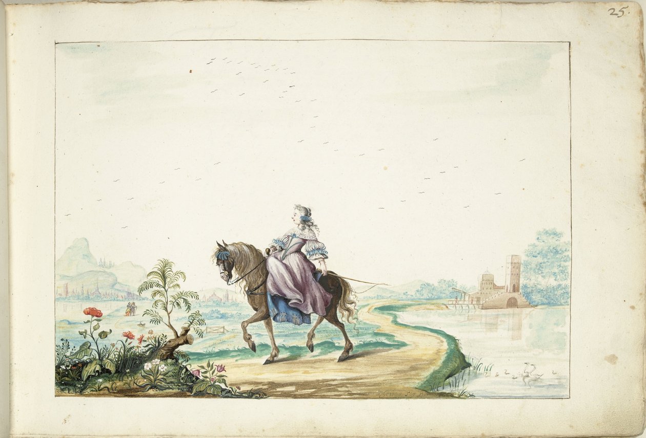 Frau zu Pferd in einer Landschaft von Gesina ter Borch (signed by artist)