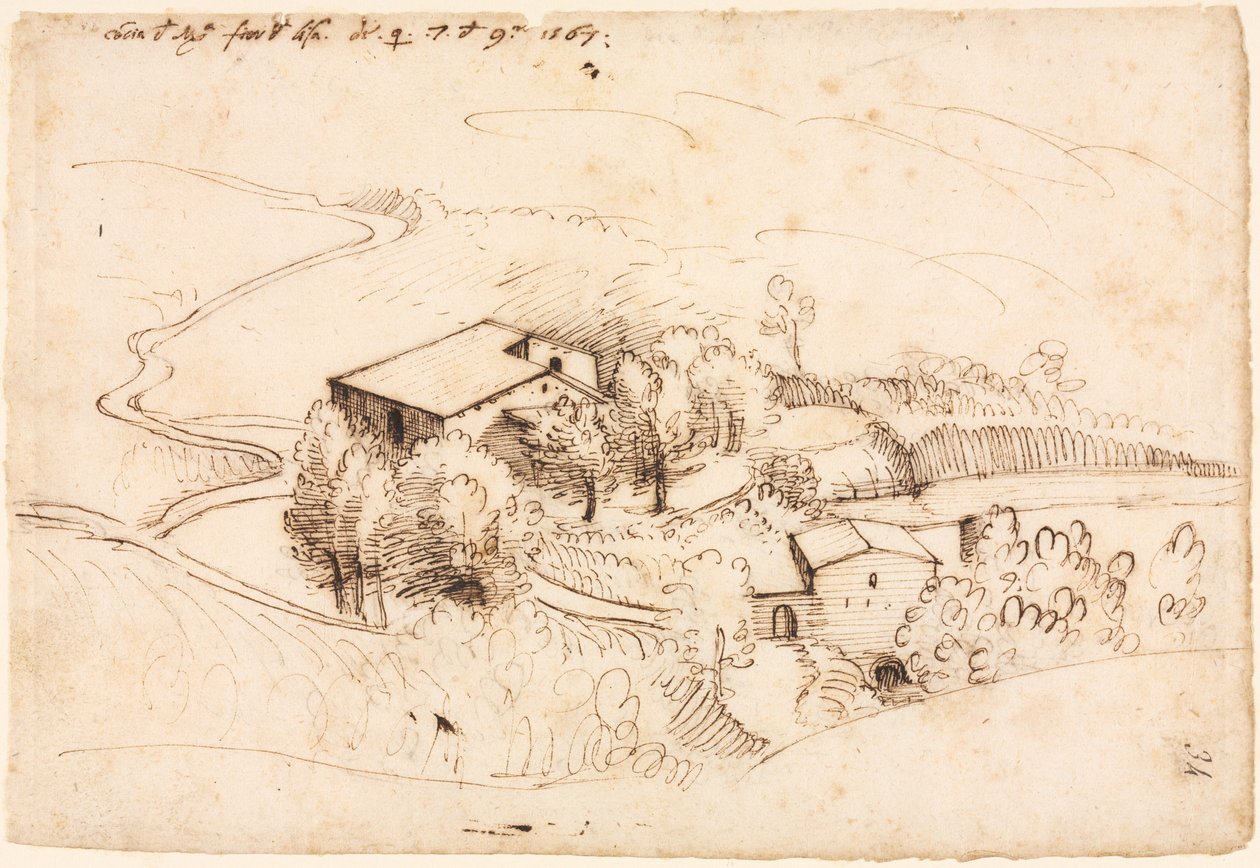 Bauernhof mit Bäumen in einer hügeligen Landschaft, 1567 von Gherado Cibo