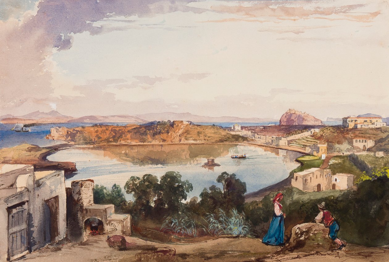 Ischia, die Caldera kurz bevor der Zugang zum Meer geschnitten wurde, Königspalast rechts, mit Ergänzungen von Prinz Alfonso Maria di Borbone (1841-1934), 1853 von Giacinto Gigante