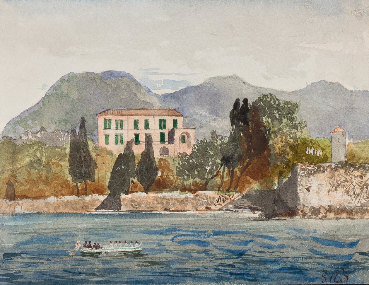 Ruderbarke mit der Borbone-Flagge nähert sich einem großen Haus an der neapolitanischen Küste, mit Ergänzungen von Prinz Gaetano Maria Federico di Borbone (1846-1871) von Giacinto Gigante