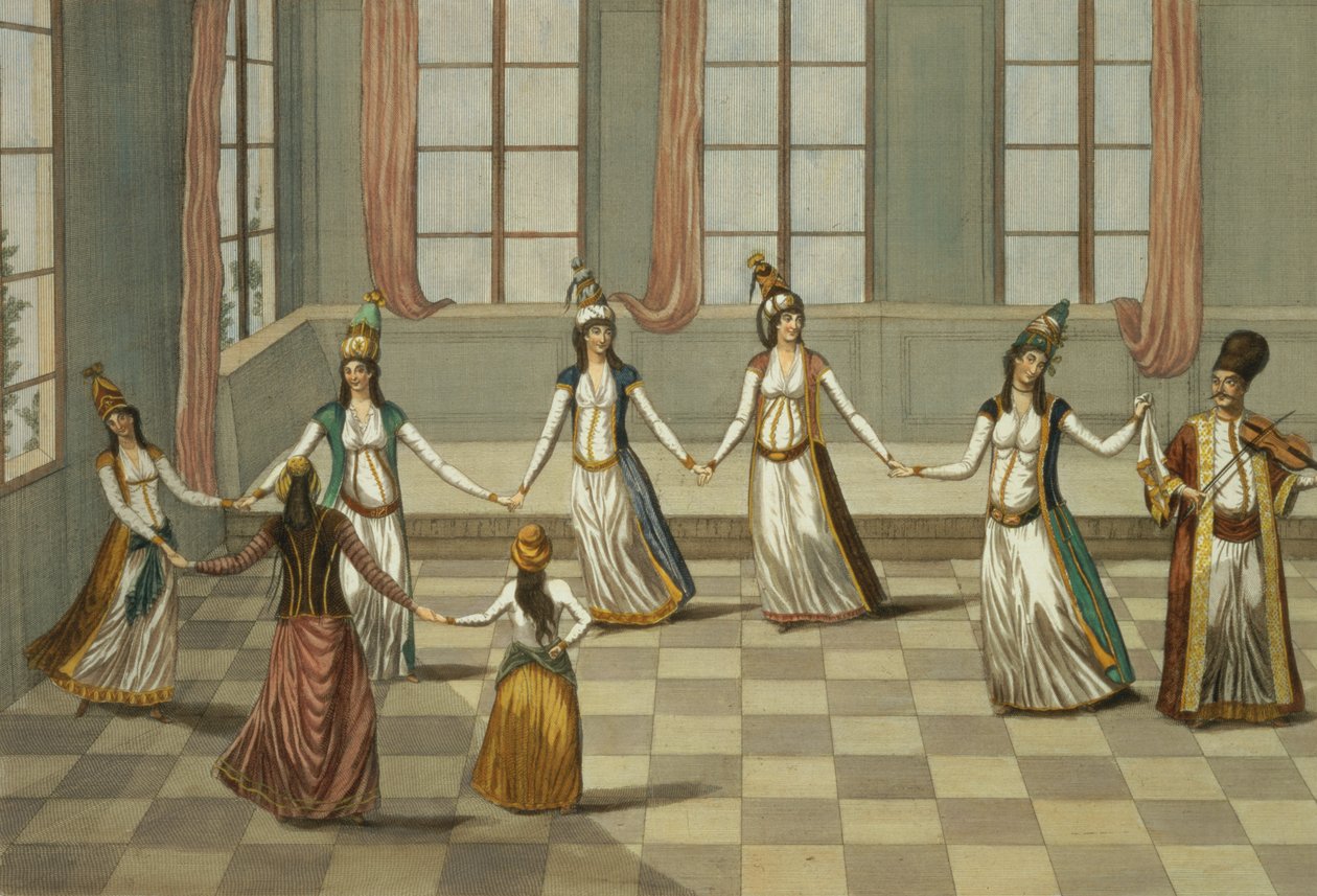 Tanz, der bei den griechischen Frauen von Konstantinopel in Mode ist, angeführt von der Frau mit einem Taschentuch, graviert von Ignazio Colombo, ca. 1816 von Giacomo Leonardis