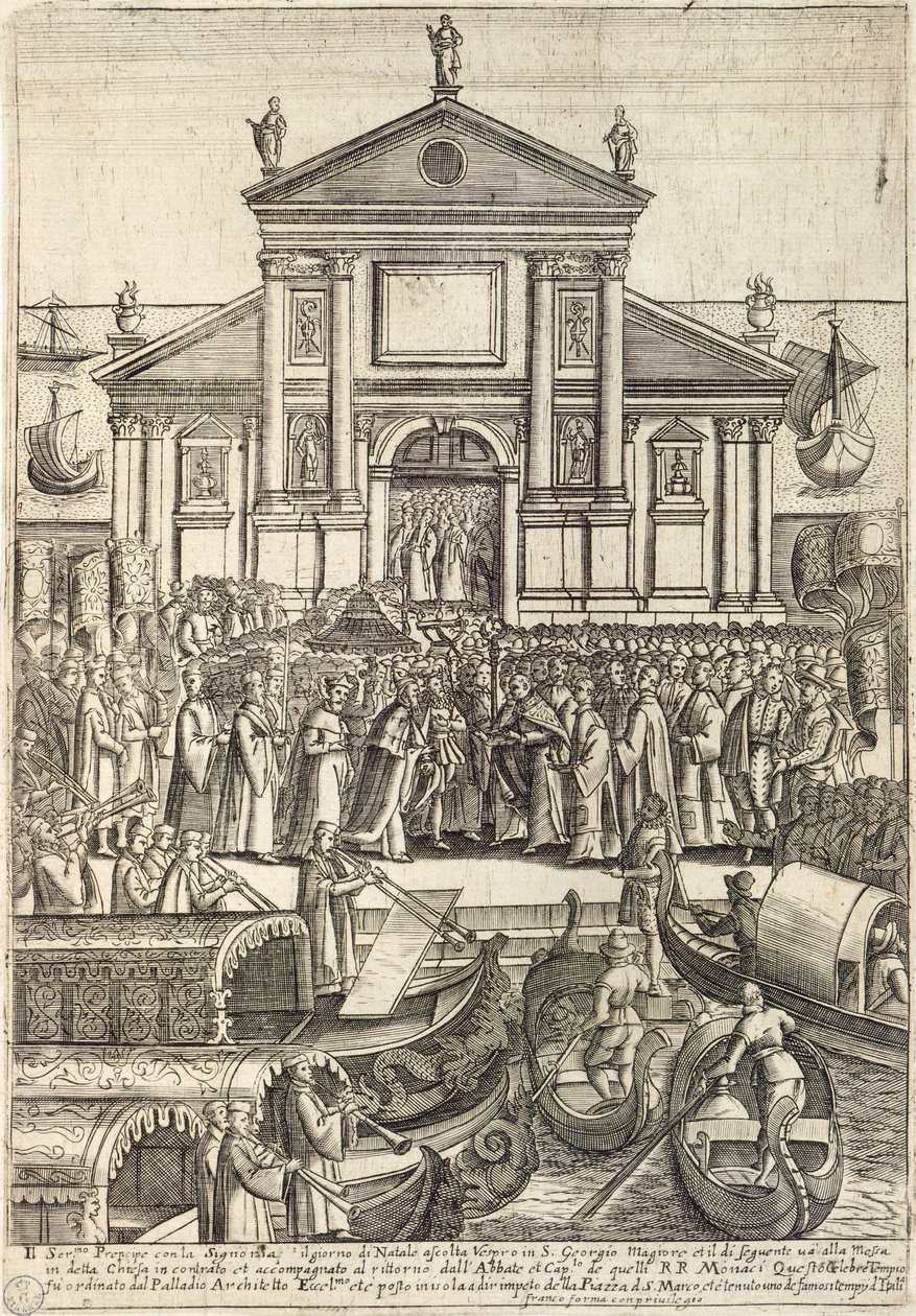 Der Doge und sein Gefolge hören die Vesper am Weihnachtstag in der Kirche San Giorgio Maggiore in Venedig von Giacomo Franco