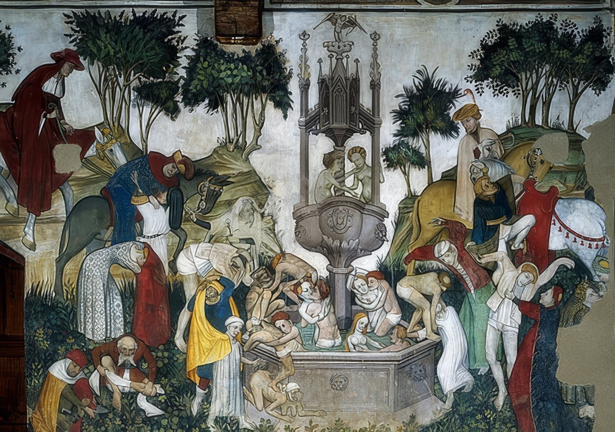 Der Jungbrunnen. (Detail) Ankommende und im Brunnen Badende. 1418-30 von Giacomo Jaquerio