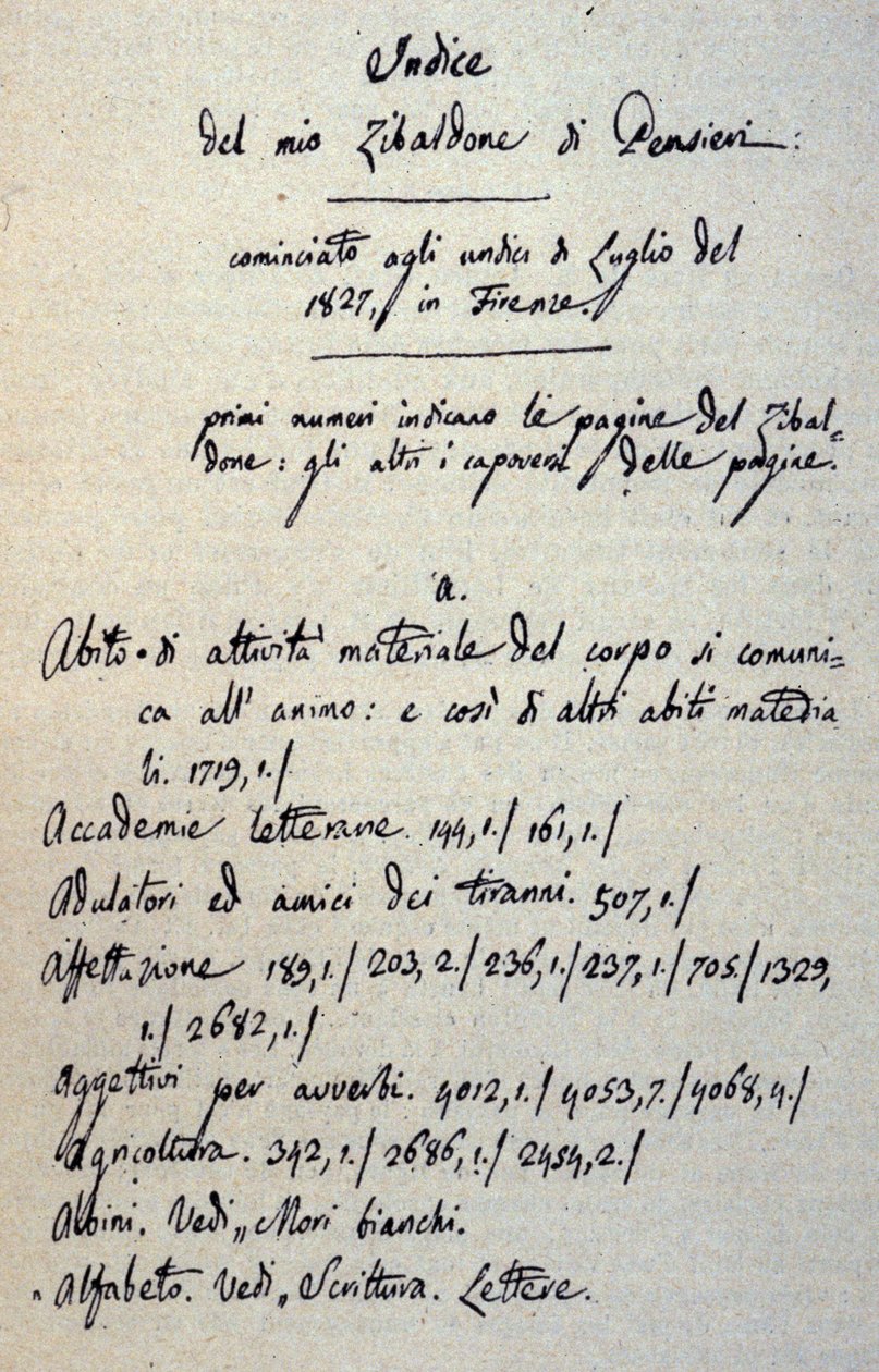 Incipit des Manuskripts des Zibaldone (oder „Pensieri“) von Giacomo Leopardi (1798-1837). 1817-1832 von Giacomo Leopardi