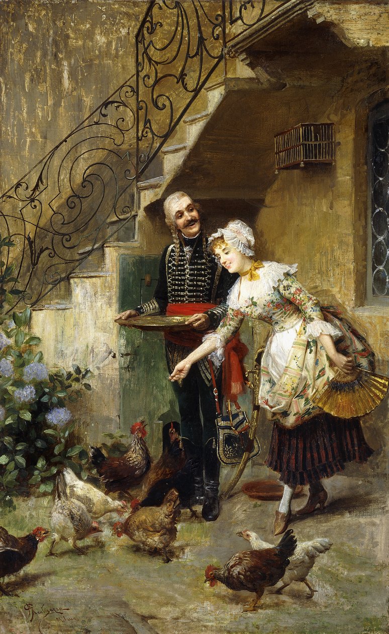 Ein elegantes Paar füttert Hühner in einem Hof von Giacomo Mantegazza