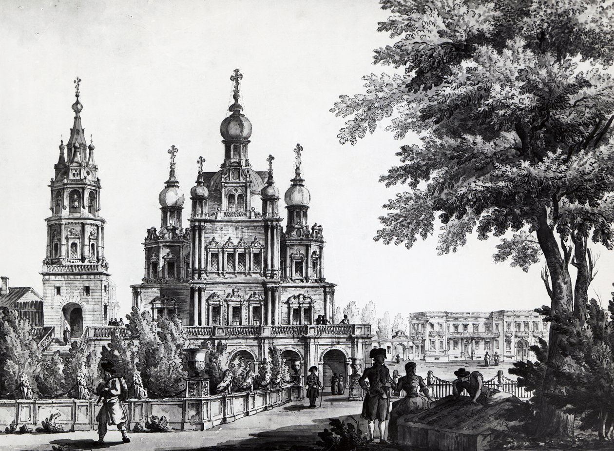 Kirche der Himmelfahrt und Gagarin-Palast in Moskau, Zeichnung von Giacomo Quarenghi Domenico (1744-1817), Druck, Russland von Giacomo Quarenghi