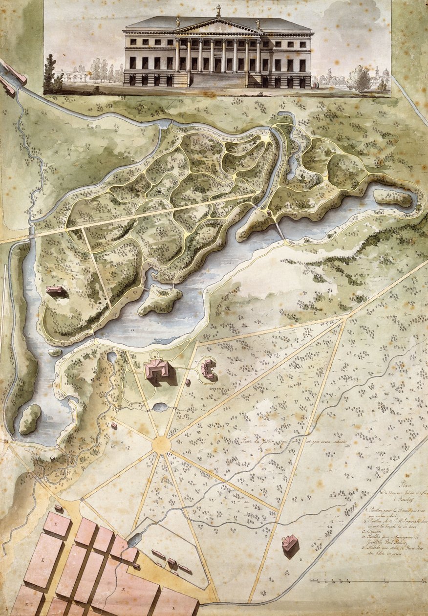 Peterhof, Russland: Ansicht des Englischen Palastes und Plan des Parks von Giacomo Quarenghi