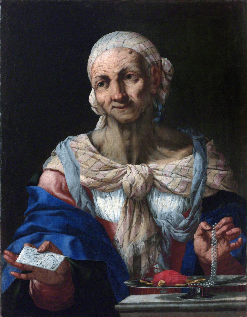 Alte Frau mit Perlenkette und Brief (Vanitas) von Giambattista Langetti