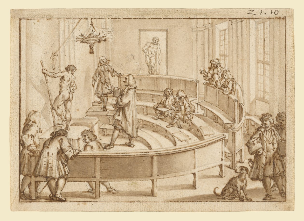 Die "Accademia Clementina" Bologna, mit einem Akt, der vom Zeichenlehrer positioniert wird, der "Farnese Herkules" im Hintergrund von Giampietro Zanotti