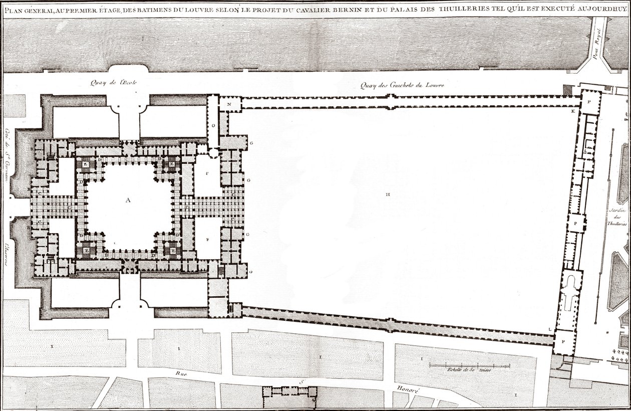 Generalplan nach Berninis Entwurf für den Louvre und die Tuilerien in „Francoise Architecture“ von Jacques-Francois Blondel. von Gian Lorenzo (after) Bernini