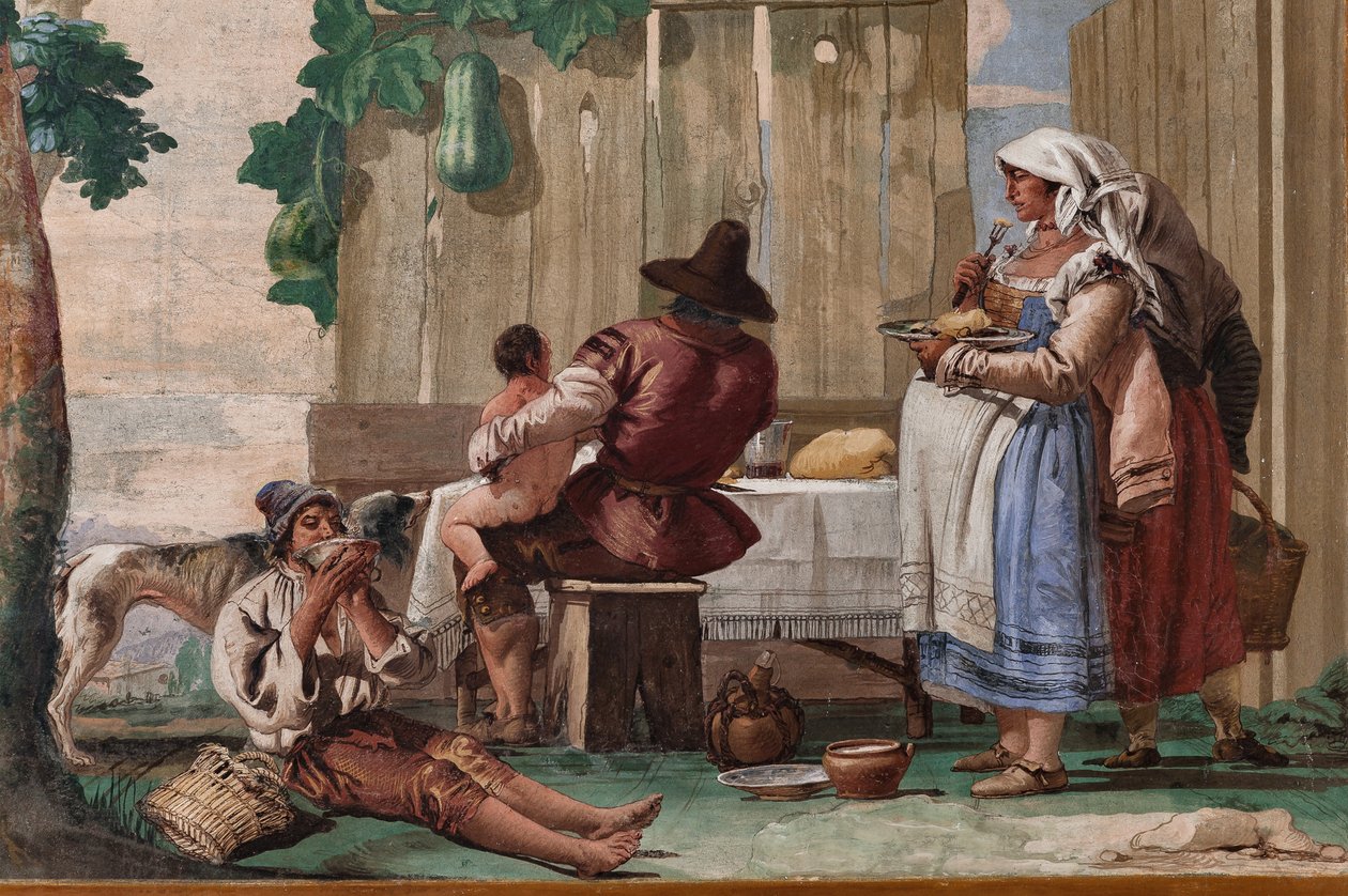 Bauernfamilie am Tisch, aus dem Raum der rustikalen Szenen, in der Foresteria (Gästehaus) 1757 (Fresko) von Giandomenico  Tiepolo
