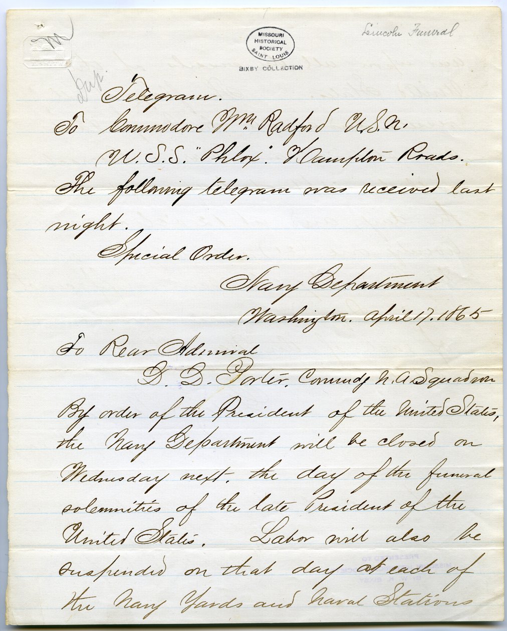 Enthält Befehle für alle Marineschiffe am Tag von Abraham Lincolns Beerdigung von Gideon Welles