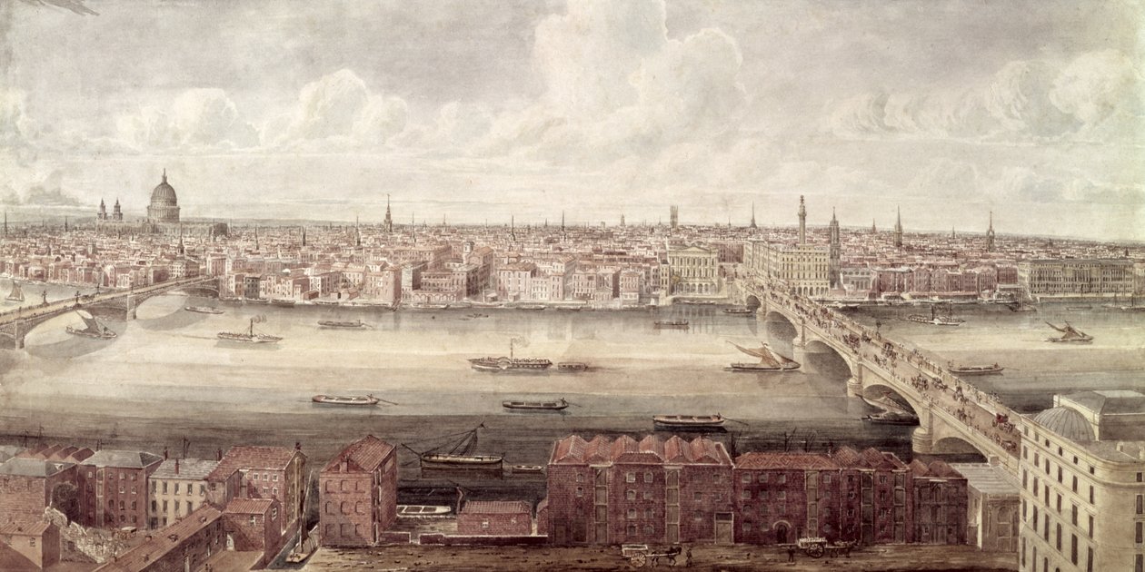 Panoramablick auf London nach Norden zwischen Southwark Bridge und London Bridge, ca. 1831 von Gideon Yates