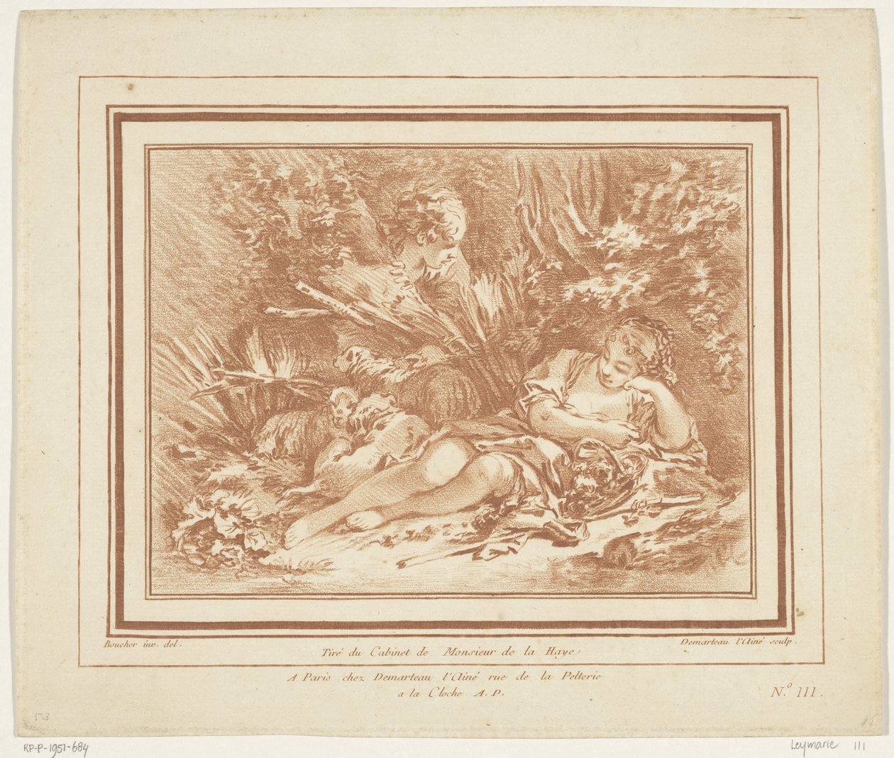 Liegende Hirtin mit Schafen und Hirte mit Flöte von Gilles Demarteau
