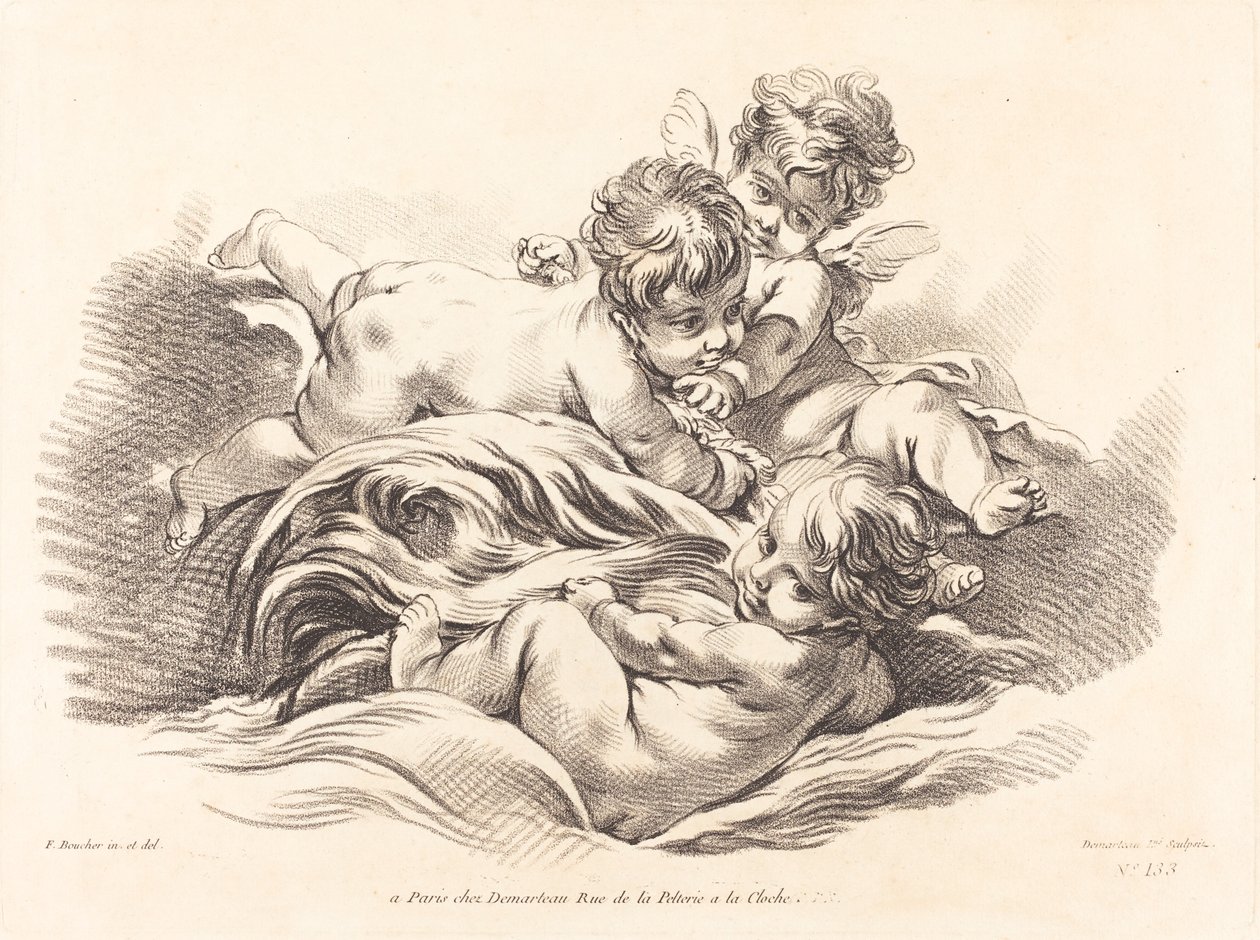 Drei Cherubim spielen auf einer delfinartigen Welle von Gilles Demarteau, the Elder after François Boucher