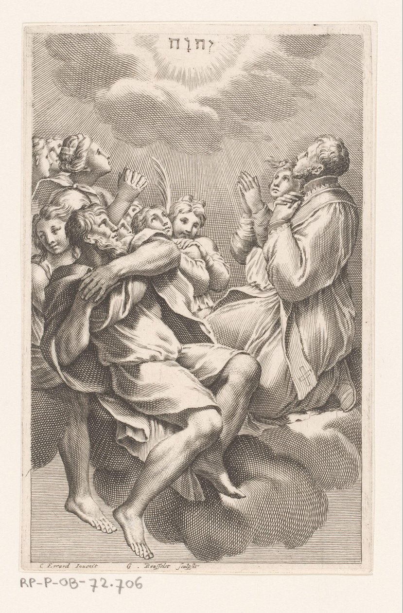 Gruppe von Männern und Frauen auf Wolken in Anbetung des Tetragramms von Gilles Rousselet