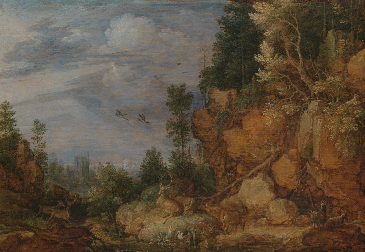 Felsige Landschaft mit Hirschen und Ziegen von Gillis Claesz de Hondecoeter