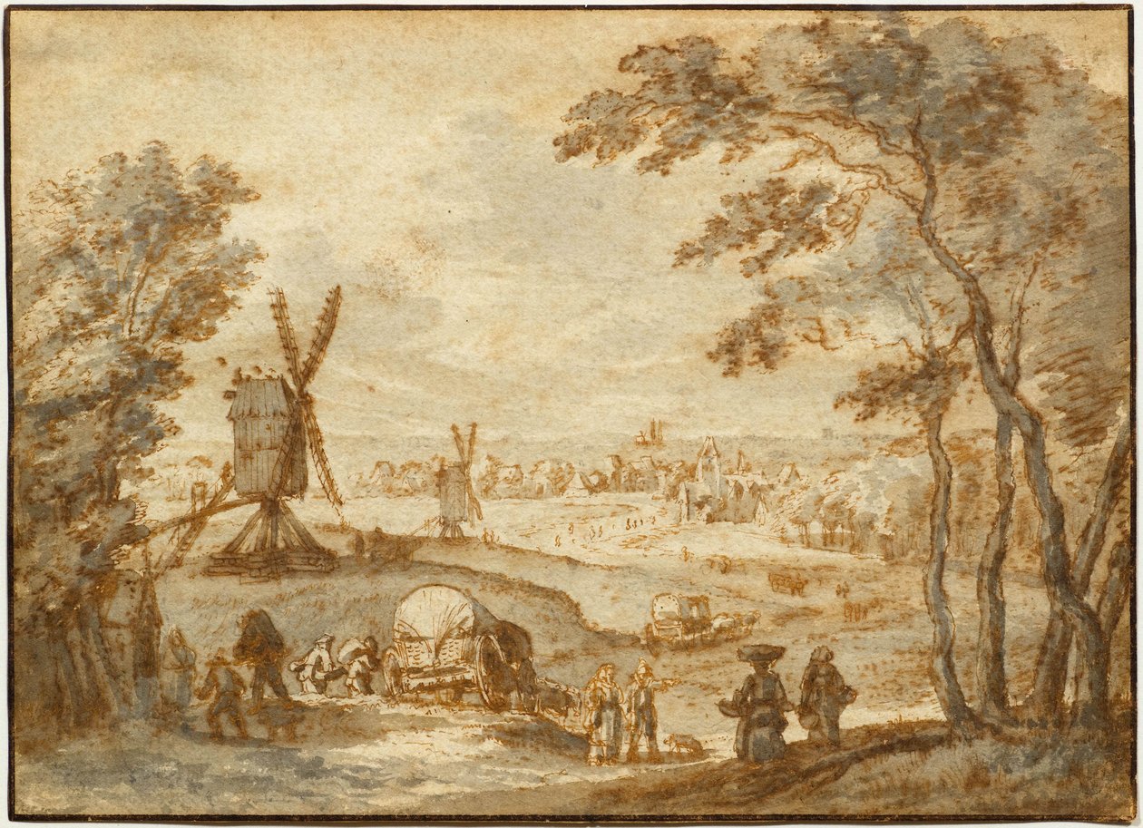 Landschaft mit Windmühlen vor einer Stadt, mit Spaziergängern und bedecktem Wagen im Vordergrund von Gillis Neyts