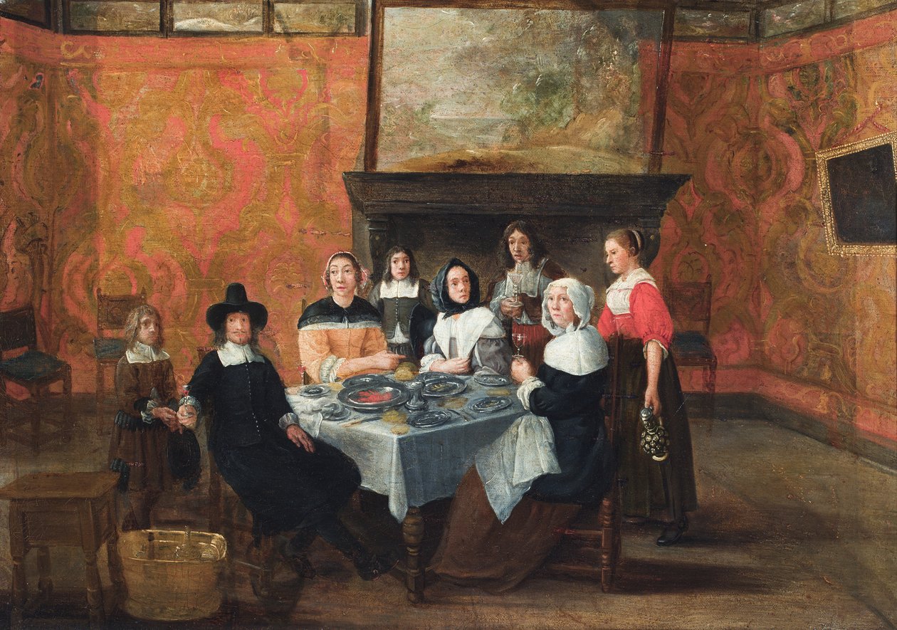 Ein Interieur mit einer Familie bei einer Mahlzeit von Gillis van (circle of) Tilborgh