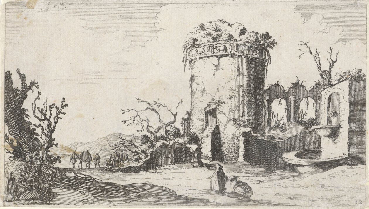 Brunnen bei einer Ruine mit einem runden Turm von Gillis van Scheyndel (I)