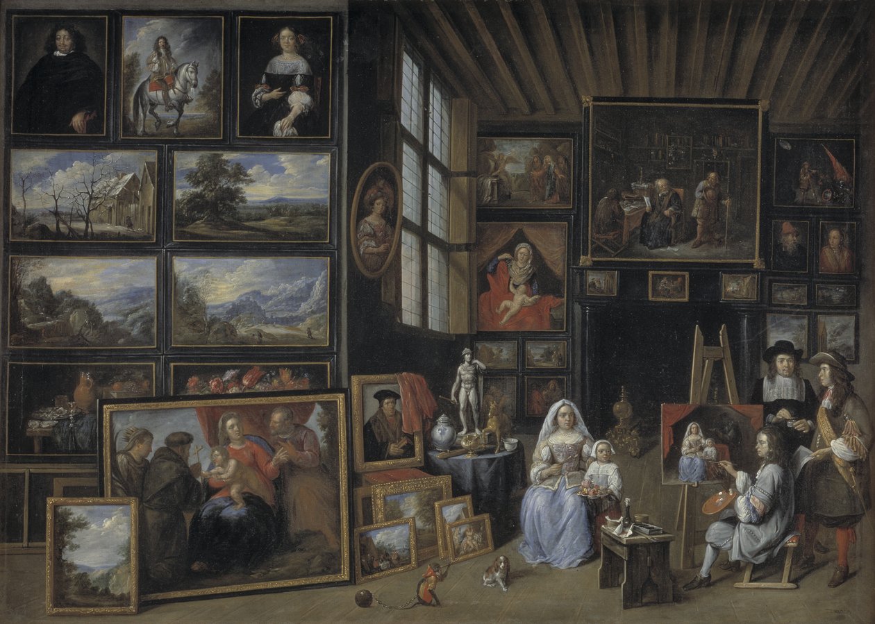 Eine Gemäldegalerie mit einem Künstler, der eine Frau und ein Mädchen malt. Allegorie der Malerei von Gillis van Tilborgh