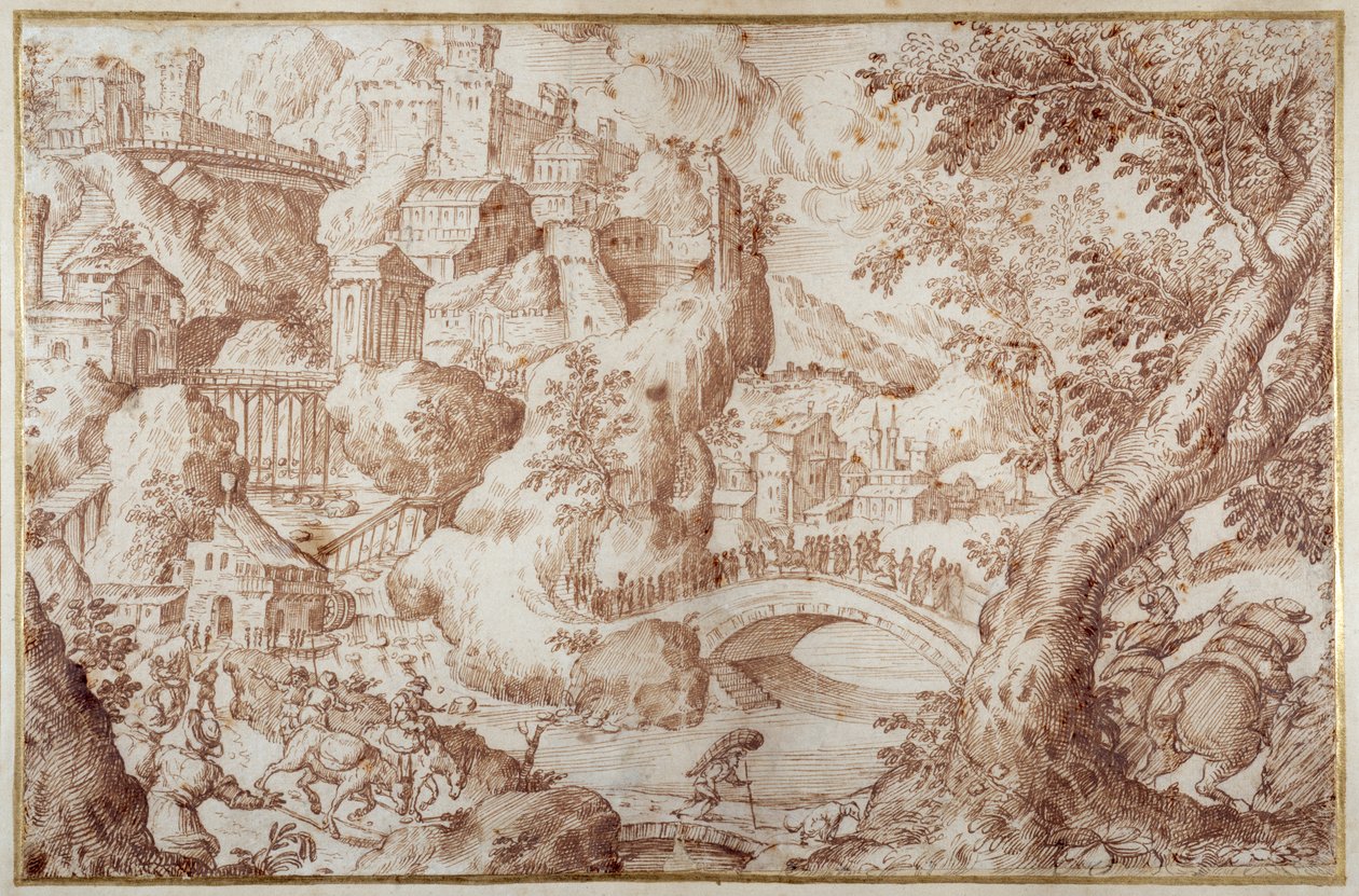 Fantastische Berglandschaft mit Brücken, die Schluchten überspannen, eine Stadt und Reisende von Gillis van Valckenborch