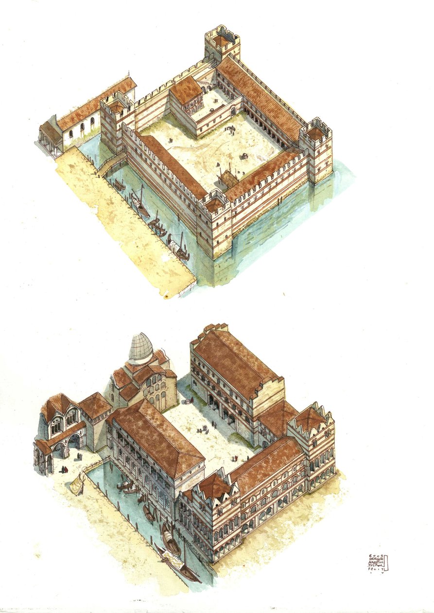 Luftansicht der Bauphasen des Dogenpalastes auf dem Markusplatz in Venedig im 7. und 12. Jahrhundert. Italien von Giorgio Albertini