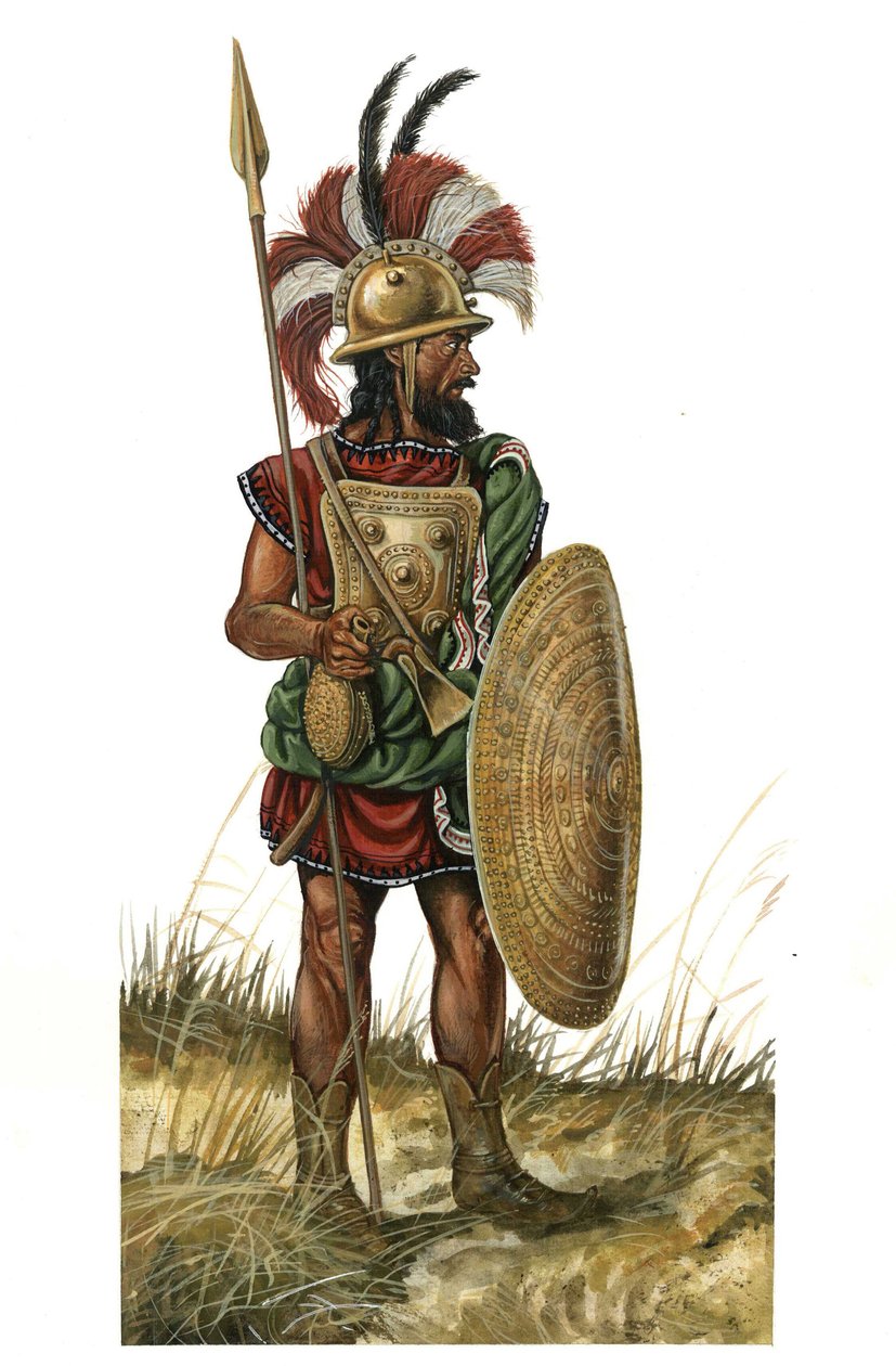 Antikes Rom: Darstellung eines Kriegers mit Waffe, Helm, Schild, Speer (monarchische Periode des 8. Jahrhunderts v. Chr.) von Giorgio Albertini