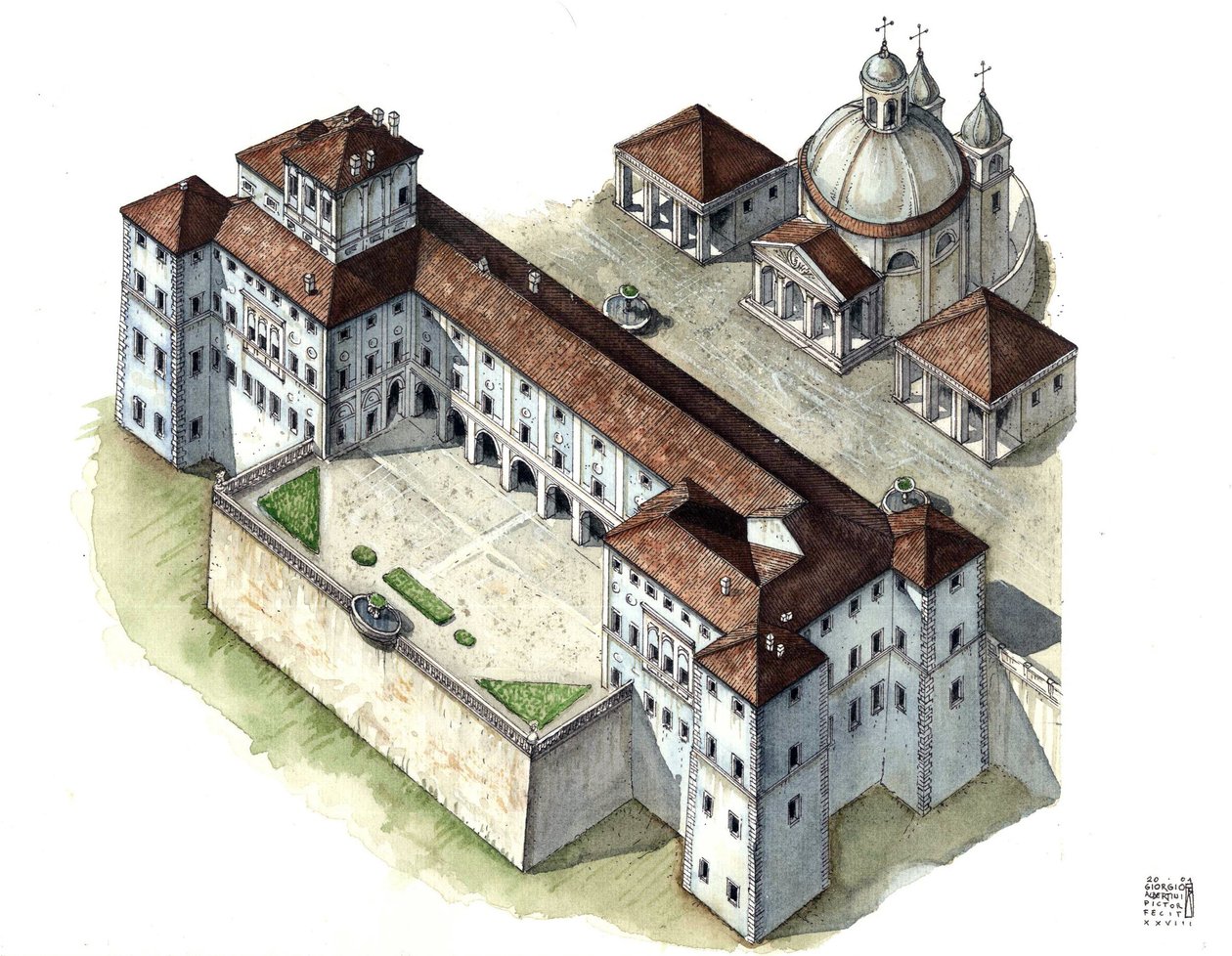 Barockkunst: Luftansicht des Palastes Chigi in Ariccia, Lazio, im 17. Jahrhundert, Italien von Giorgio Albertini