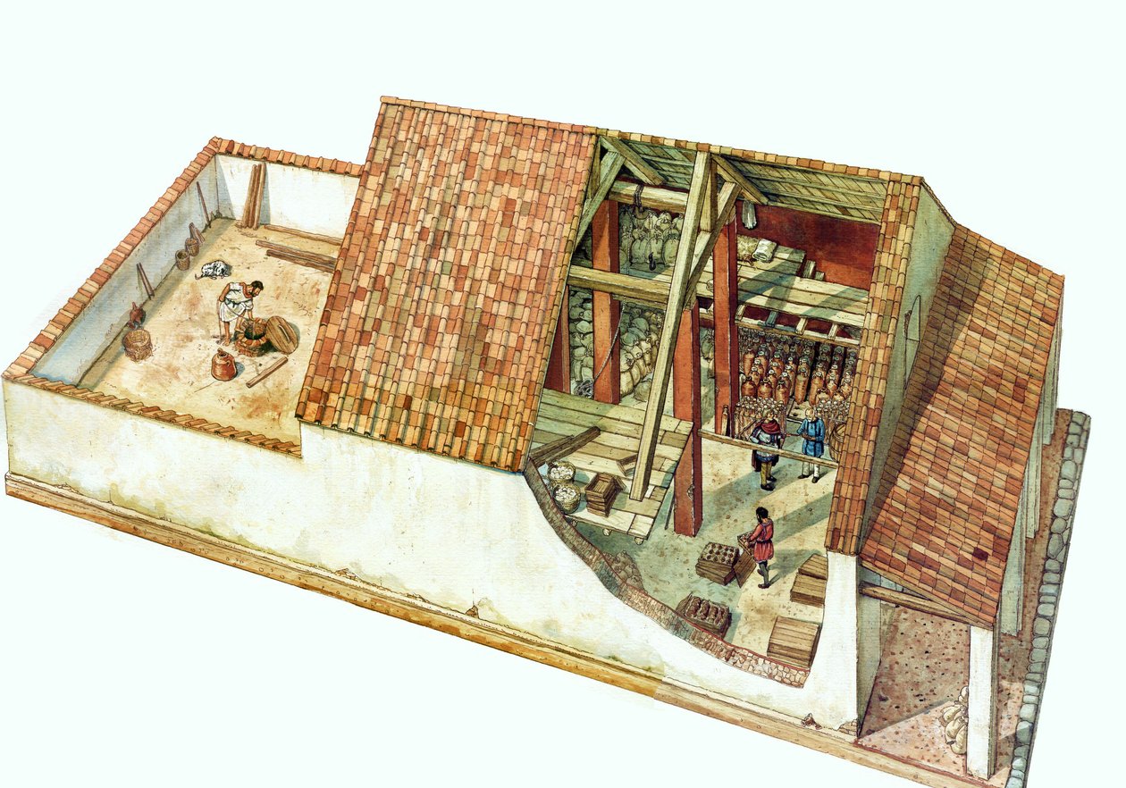 Byzantinische Architektur: Rekonstruktion eines Lagerhauses im Classe-Docks-Bereich, Hafen der Stadt Ravenna (Ravenna) zur Zeit des Kaisers Justinian. Italien 7. Jahrhundert. Der Querschnitt des Gebäudes zeigt die gelagerten Waren. von Giorgio Albertini