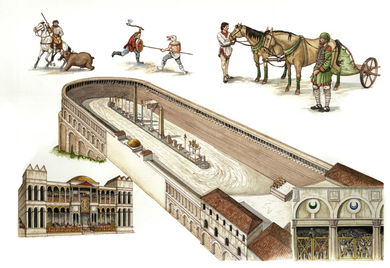 Byzanz: Rekonstruktion des Hippodroms von Konstantinopel, einer Arena ähnlich dem römischen Zirkus für Wagenrennen, erbaut von Konstantin I. im 4. Jahrhundert. In der Mitte der Rennbahn dienen Obelisken und Säulen als Verzierung. Aktuelles Istanbul, Türkei von Giorgio Albertini